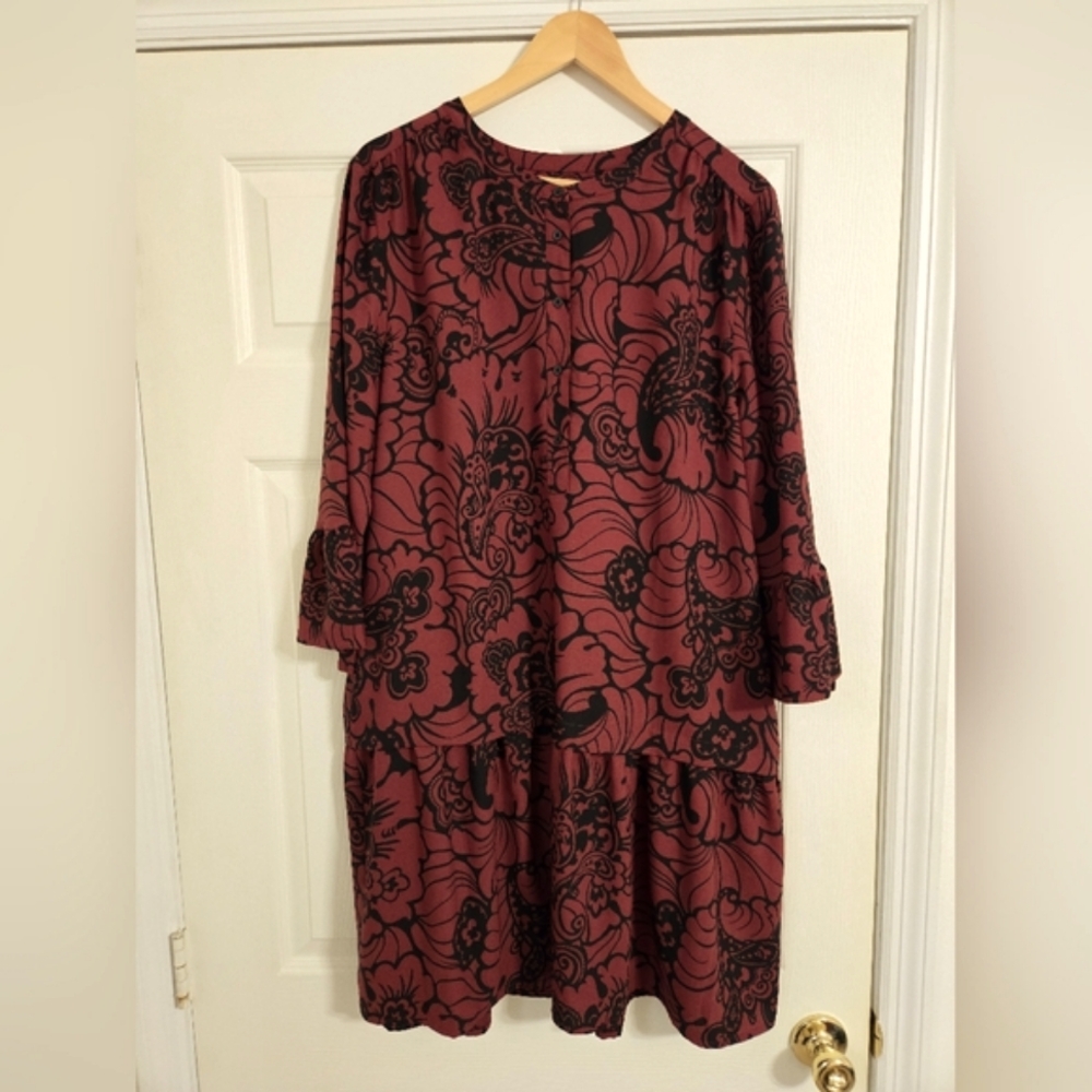 LOFT Burgundy Dress with Black Floral Print